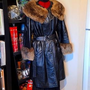 Vtg. 70's Real Fur Trim Leather Trench Coat